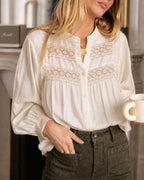 Sheer Blouse with Lace Panels and Full Gathered Sleeves - Apricot