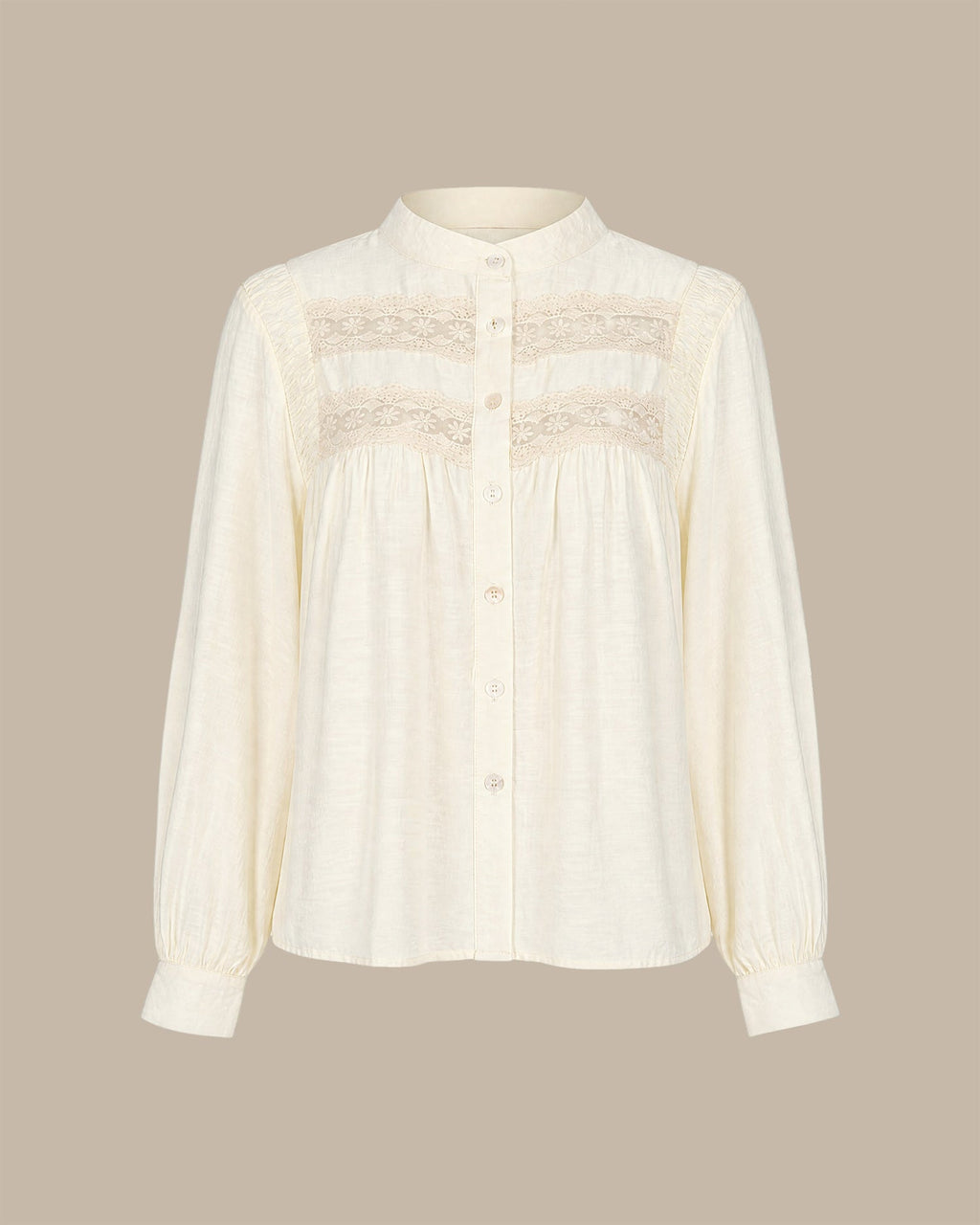 Sheer Blouse with Lace Panels and Full Gathered Sleeves - Apricot