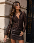 Sheer Lace Blouse with Point Collar and Button Front - Brown