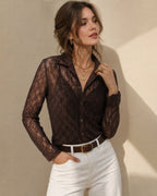 Sheer Lace Blouse with Point Collar and Button Front - Brown