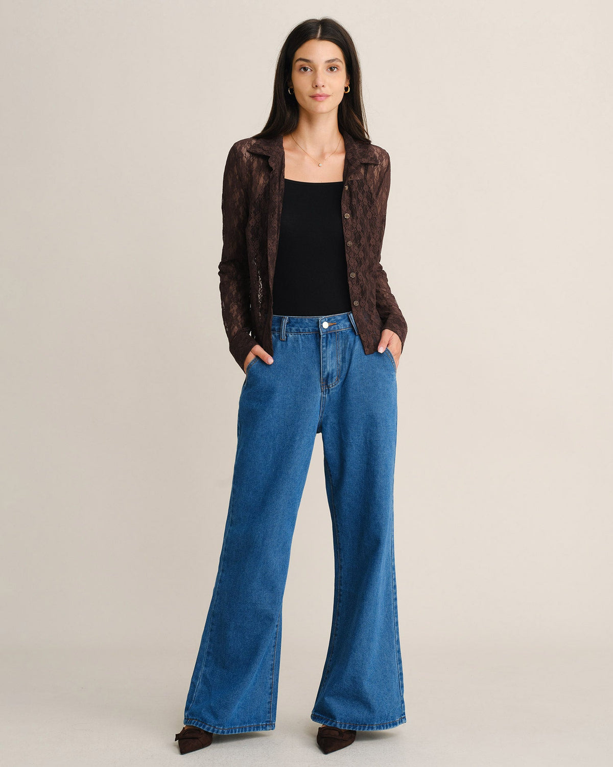 Sheer Lace Blouse with Point Collar and Button Front - Brown