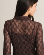 Sheer Lace Blouse with Point Collar and Button Front - Brown