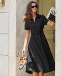 Shirt Collar Midi Dress with Short Sleeves and Belted Waist - Black
