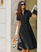 Shirt Collar Midi Dress with Short Sleeves and Belted Waist - Black