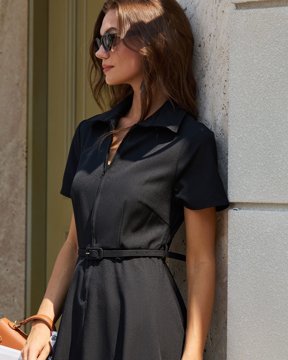 Shirt Collar Midi Dress with Short Sleeves and Belted Waist - Black