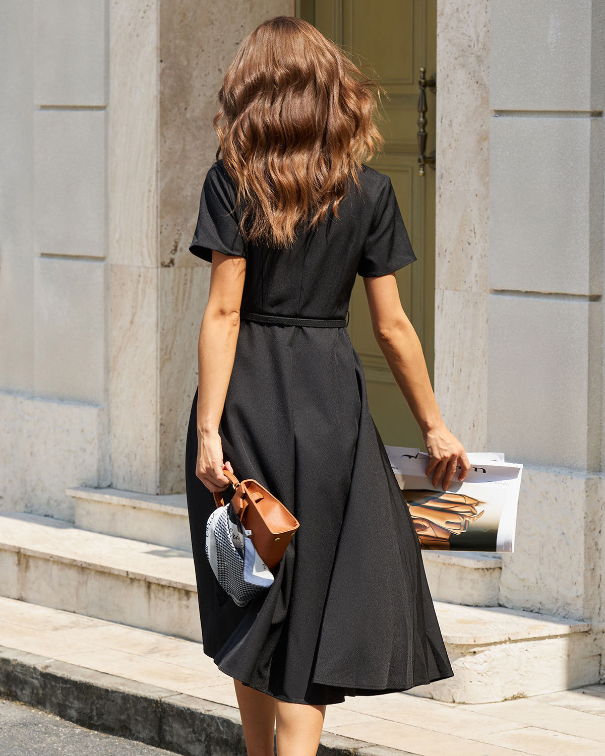 Shirt Collar Midi Dress with Short Sleeves and Belted Waist - Black