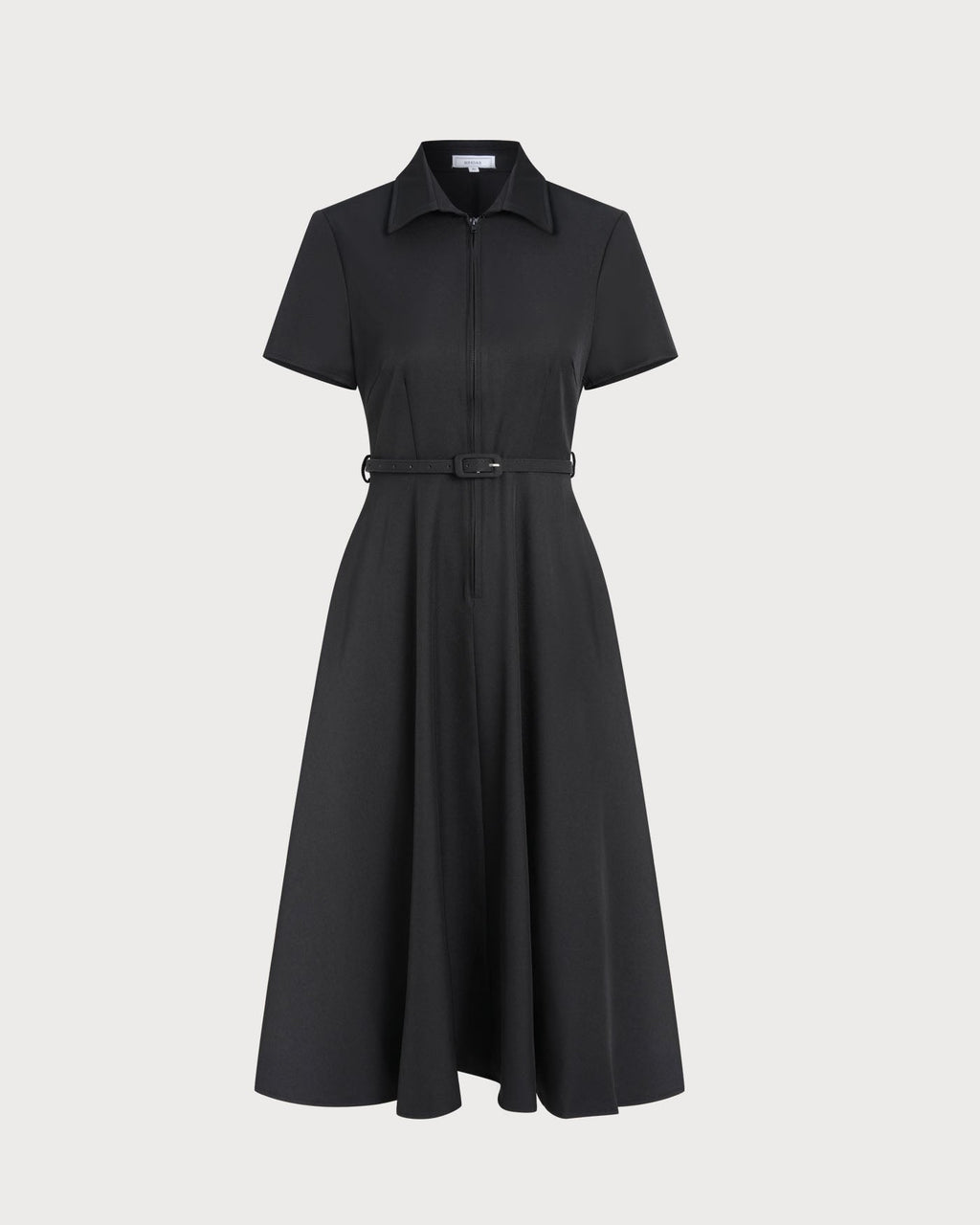 Shirt Collar Midi Dress with Short Sleeves and Belted Waist - Black