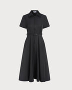 Shirt Collar Midi Dress with Short Sleeves and Belted Waist - Black