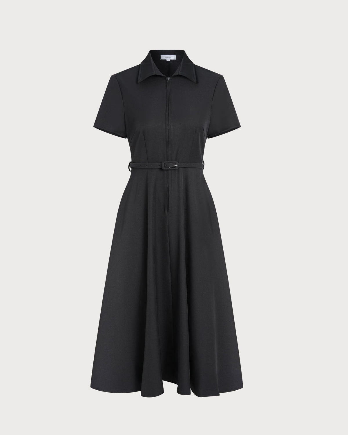Shirt Collar Midi Dress with Short Sleeves and Belted Waist - Black