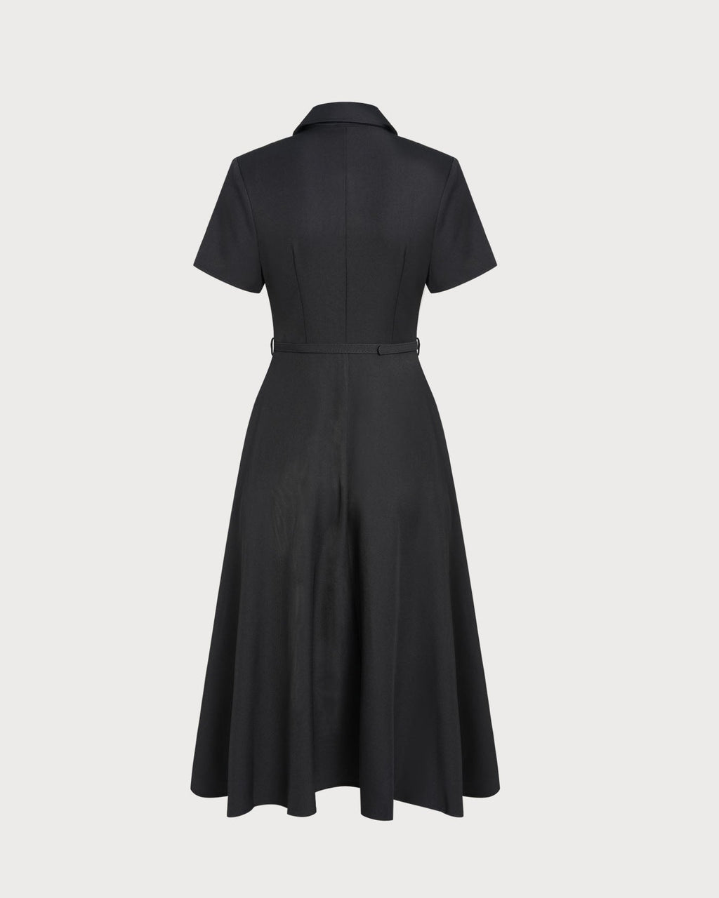 Shirt Collar Midi Dress with Short Sleeves and Belted Waist - Black