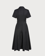 Shirt Collar Midi Dress with Short Sleeves and Belted Waist - Black