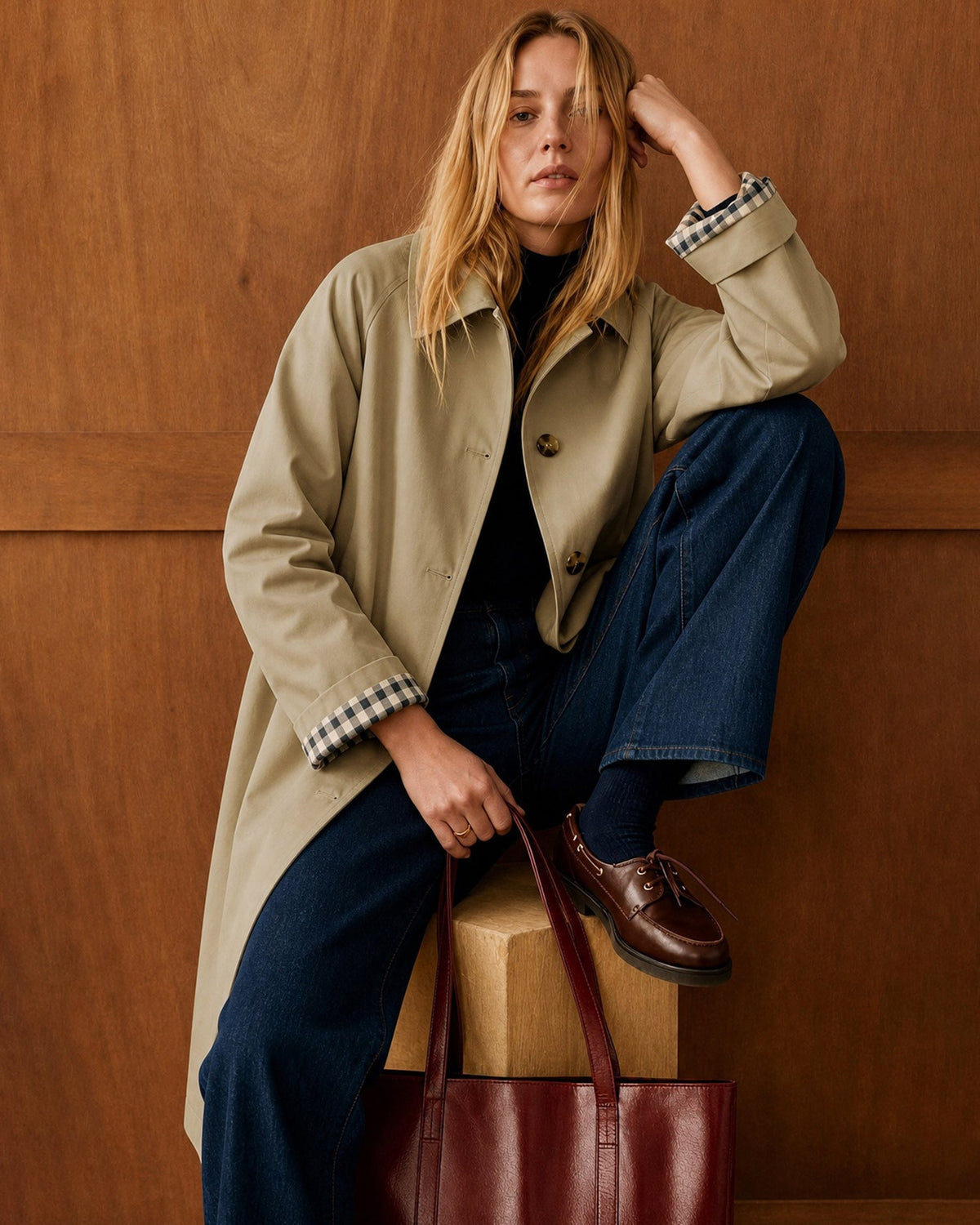 Single Breasted Trench Coat with Check Lined Cuffs - Khaki