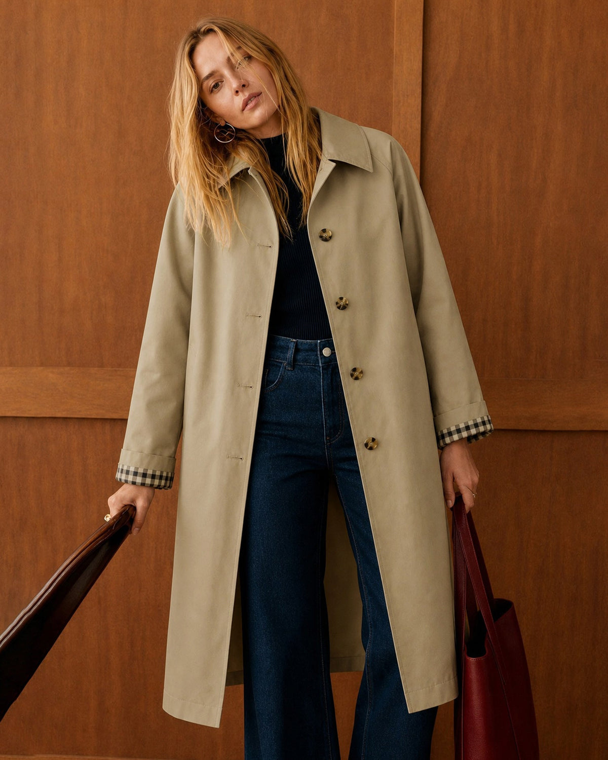 Single Breasted Trench Coat with Check Lined Cuffs - Khaki