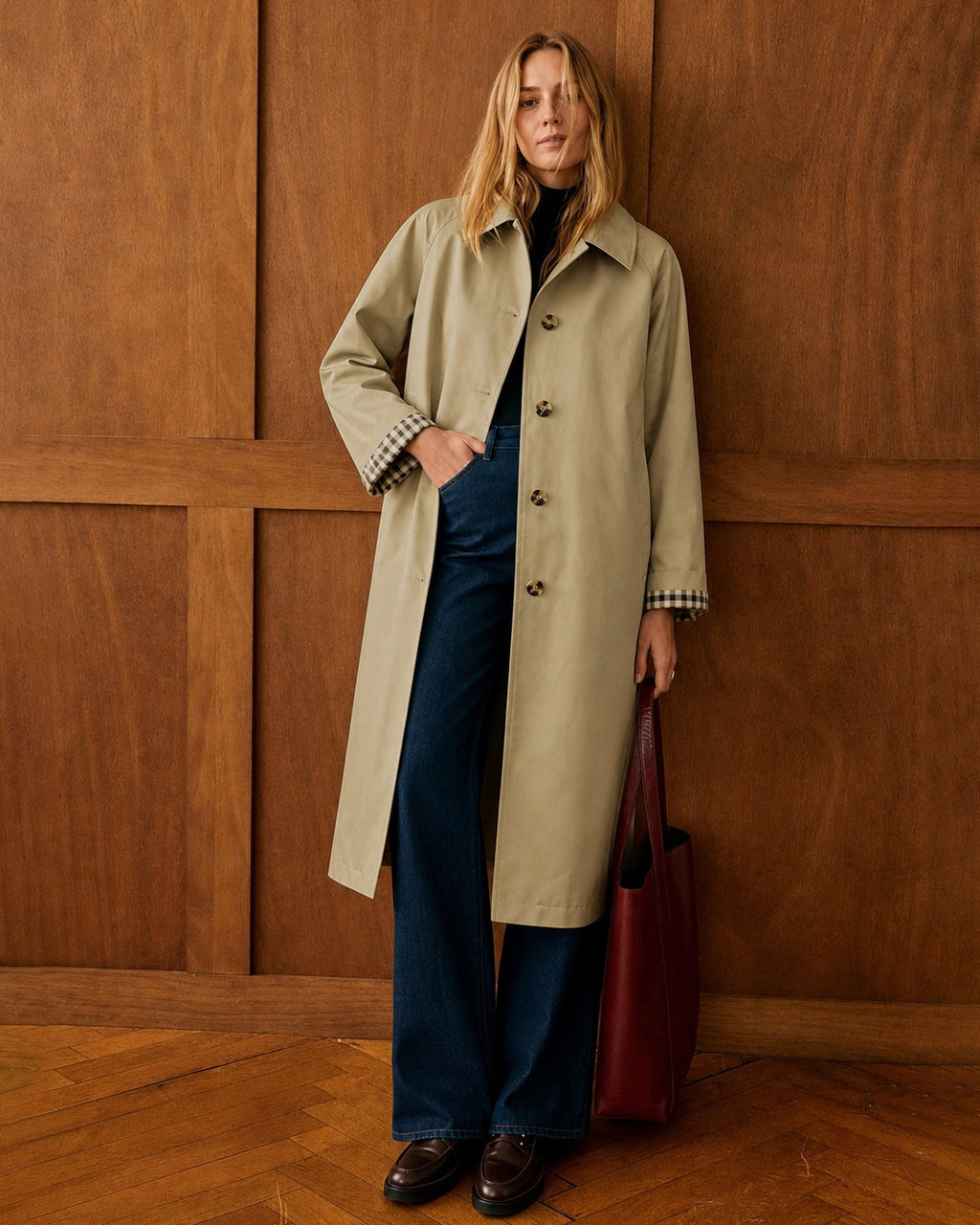 Single Breasted Trench Coat with Check Lined Cuffs - Khaki