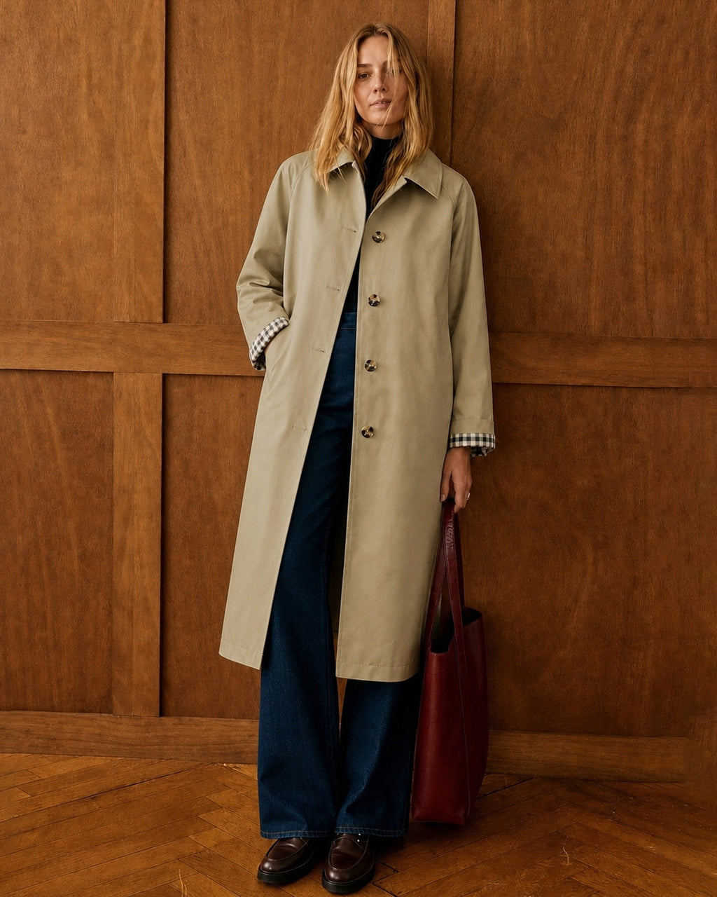 Single Breasted Trench Coat with Check Lined Cuffs - Khaki