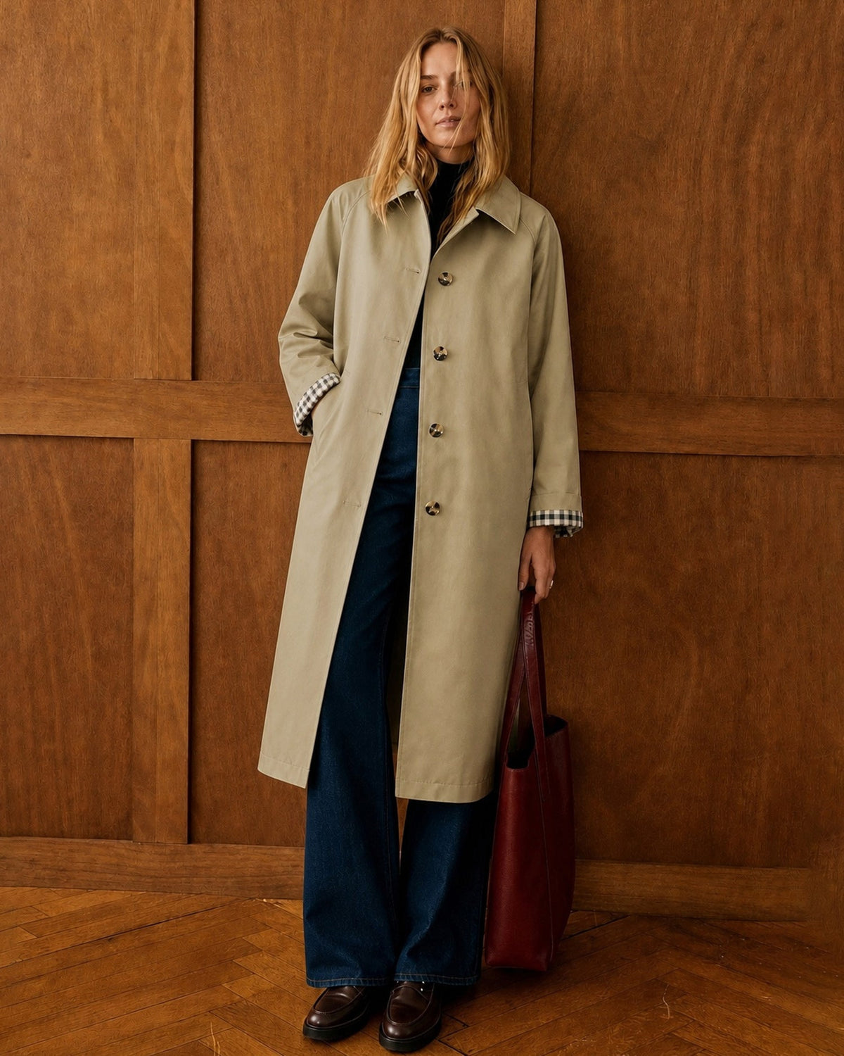 Single Breasted Trench Coat with Check Lined Cuffs - Khaki