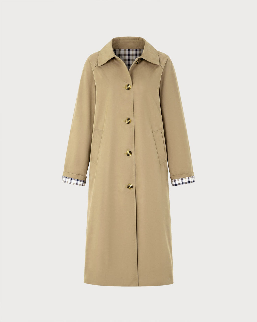 Single Breasted Trench Coat with Check Lined Cuffs - Khaki