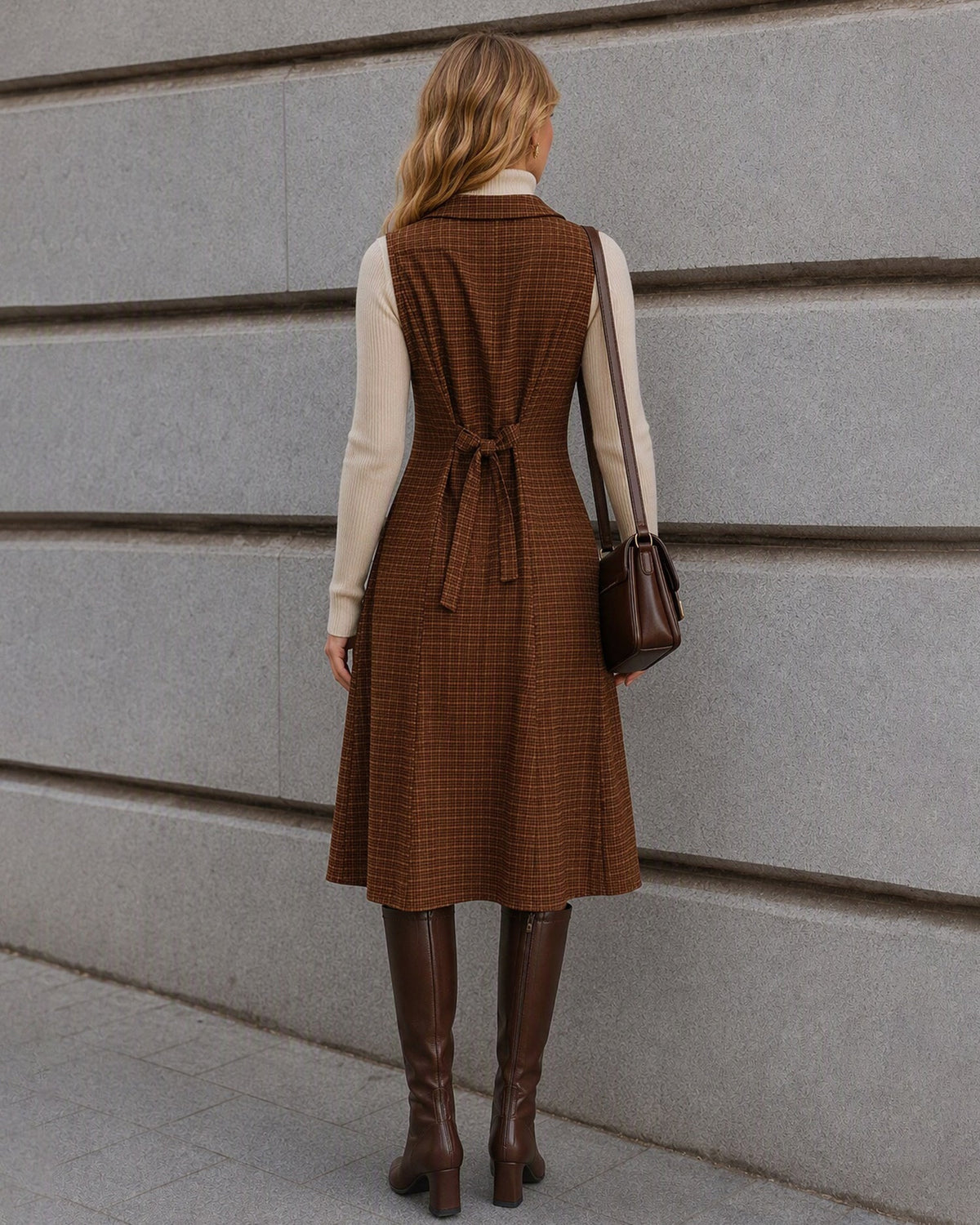 Sleeveless Check Pinafore Dress with Buttons and Pockets - Brown