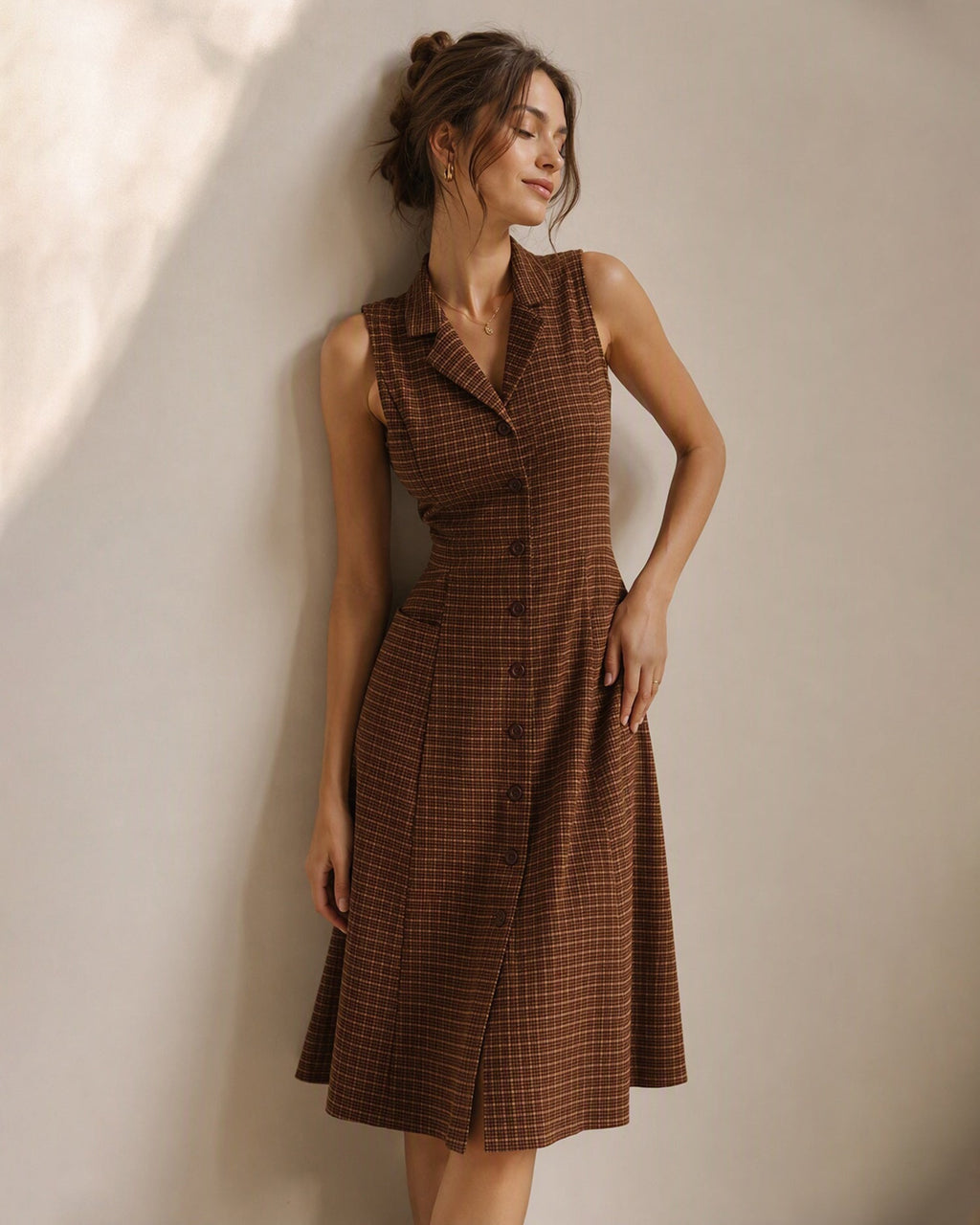 Sleeveless Check Pinafore Dress with Buttons and Pockets - Brown