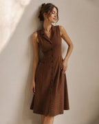 Sleeveless Check Pinafore Dress with Buttons and Pockets - Brown
