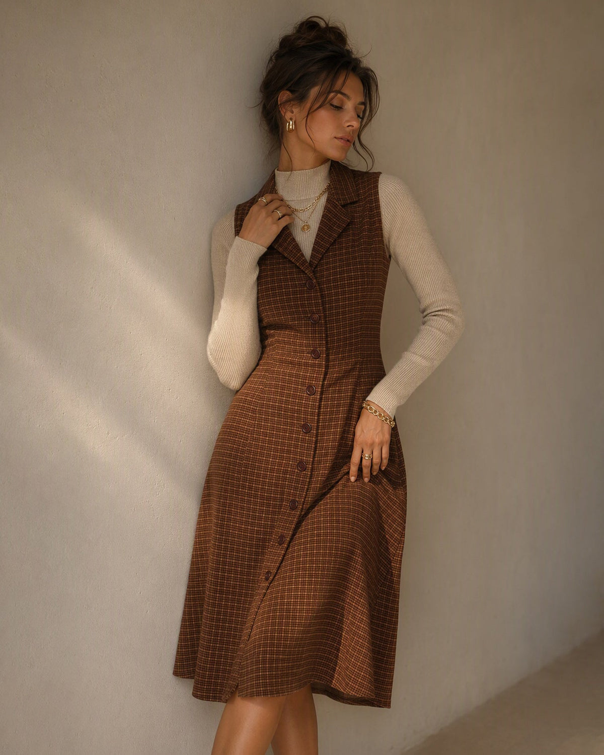 Sleeveless Check Pinafore Dress with Buttons and Pockets - Brown