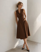 Sleeveless Check Pinafore Dress with Buttons and Pockets - Brown