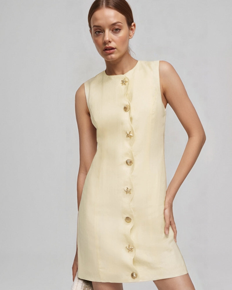 Sleeveless Mini Dress with Wavy Button Placket and High Neck