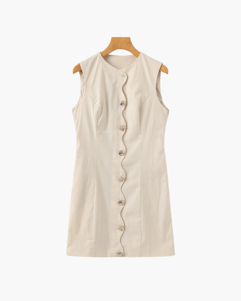 Sleeveless Mini Dress with Wavy Button Placket and High Neck