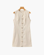 Sleeveless Mini Dress with Wavy Button Placket and High Neck