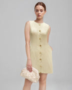 Sleeveless Mini Dress with Wavy Button Placket and High Neck