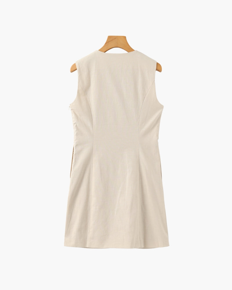 Sleeveless Mini Dress with Wavy Button Placket and High Neck