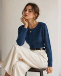 Slim Knit Cardigan with Round Neck and Puff Shoulders - Blue