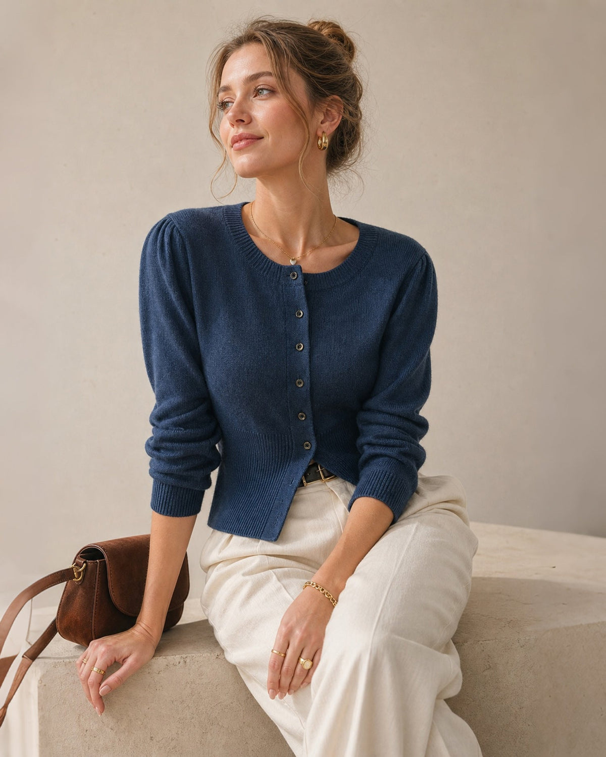 Slim Knit Cardigan with Round Neck and Puff Shoulders - Blue