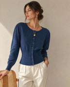 Slim Knit Cardigan with Round Neck and Puff Shoulders - Blue