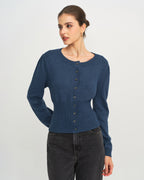 Slim Knit Cardigan with Round Neck and Puff Shoulders - Blue