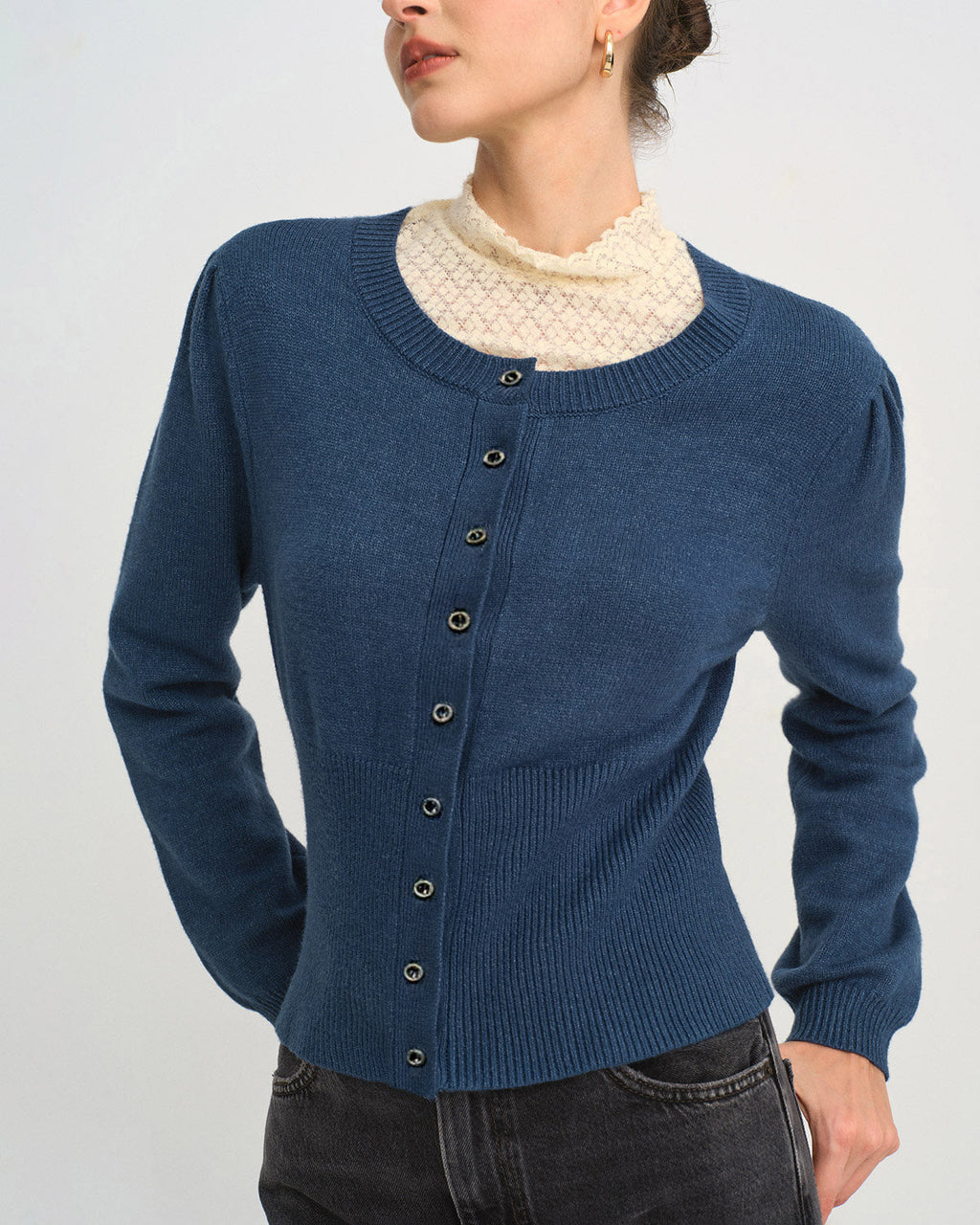 Slim Knit Cardigan with Round Neck and Puff Shoulders - Blue