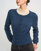 Slim Knit Cardigan with Round Neck and Puff Shoulders - Blue