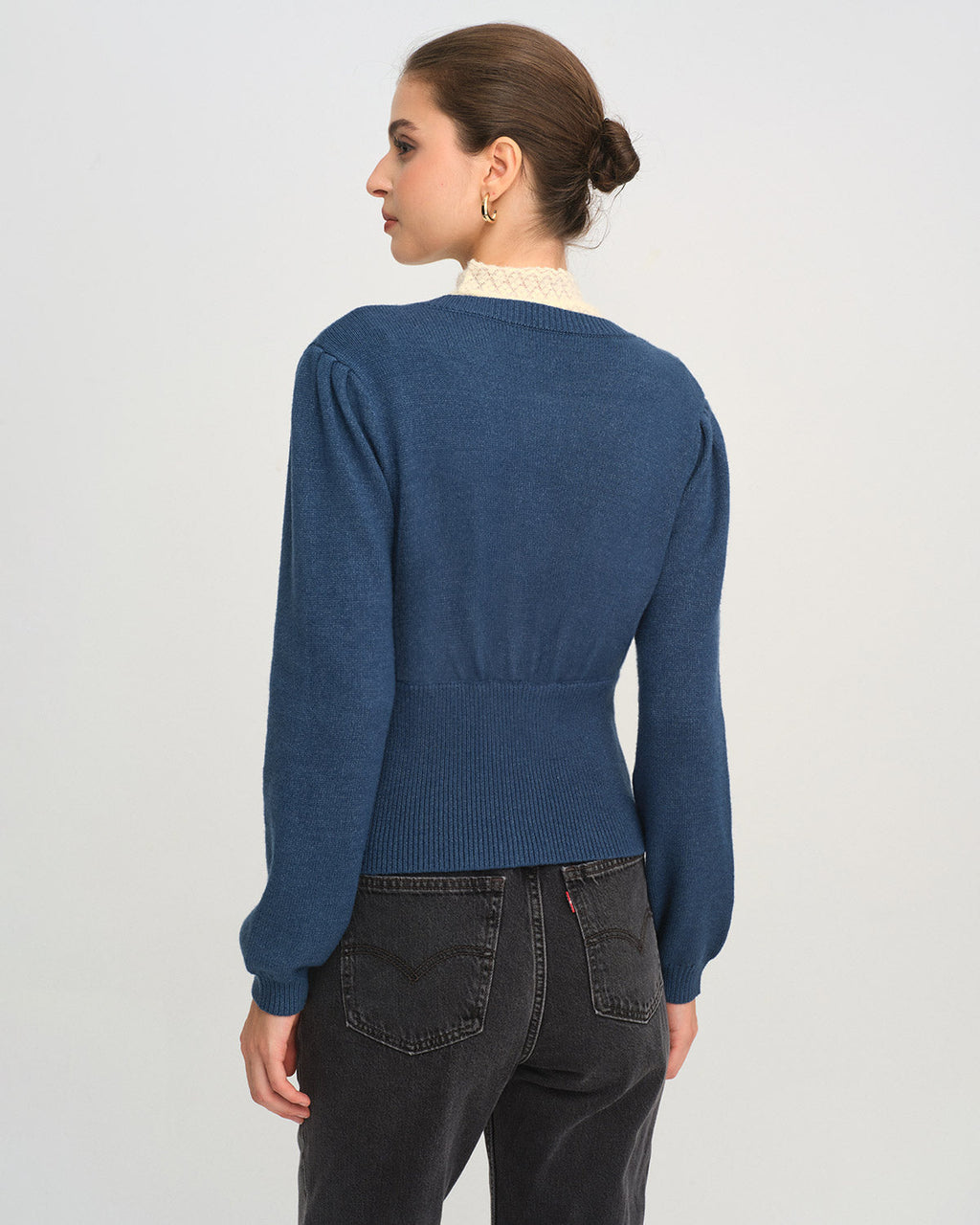 Slim Knit Cardigan with Round Neck and Puff Shoulders - Blue