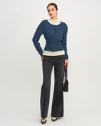 Slim Knit Cardigan with Round Neck and Puff Shoulders - Blue