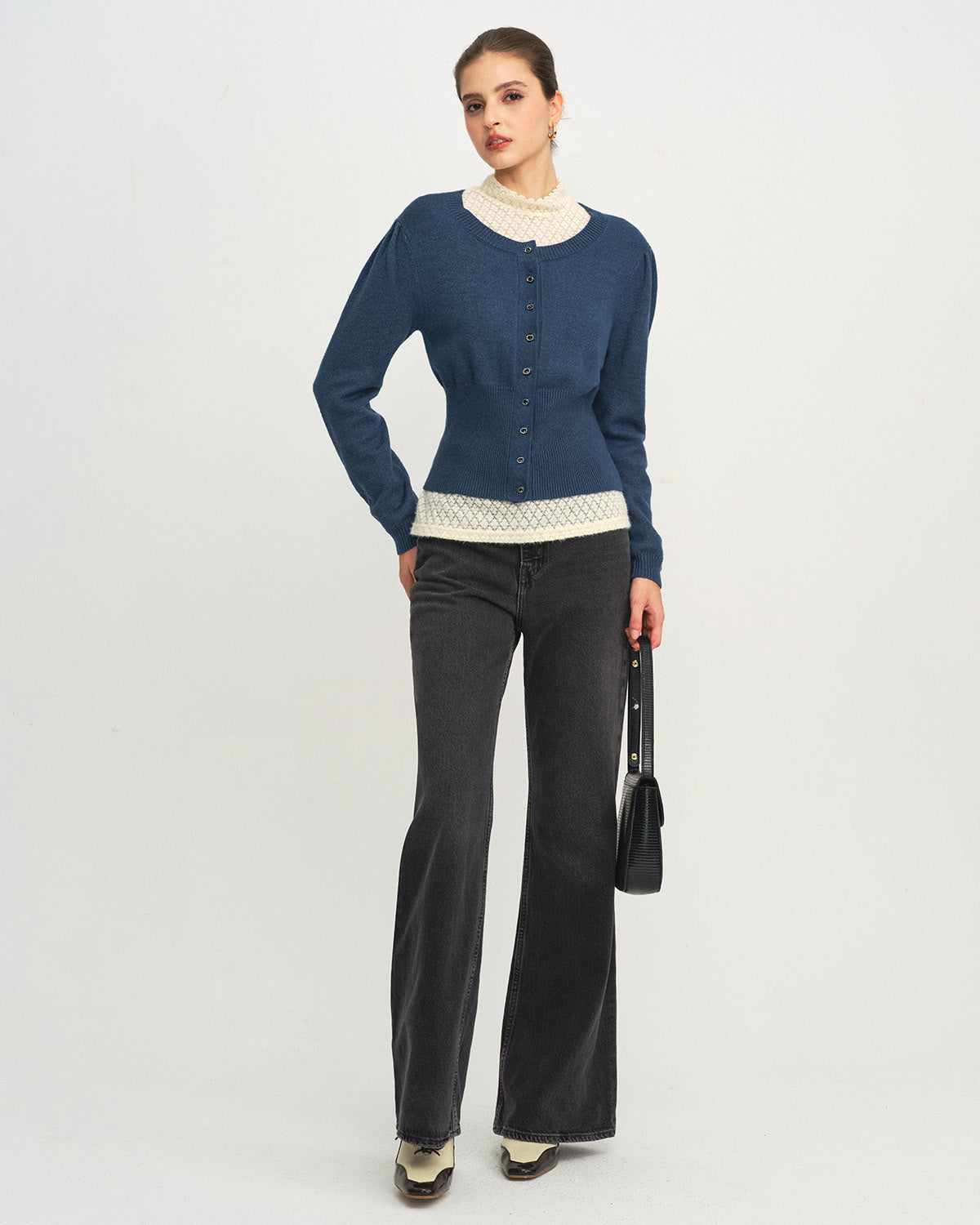 Slim Knit Cardigan with Round Neck and Puff Shoulders - Blue