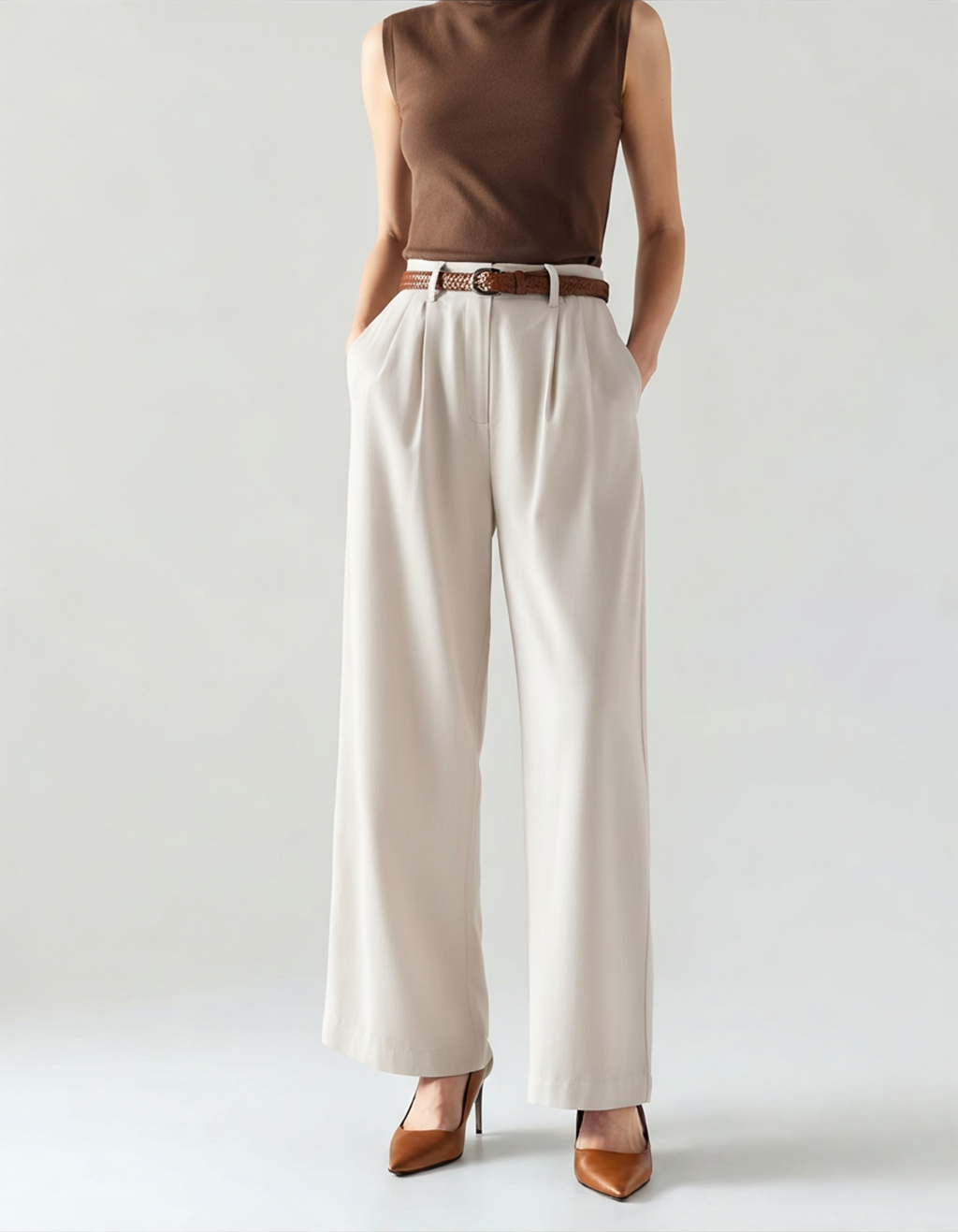 Straight Leg Lightweight Trousers with Belt Loops - White
