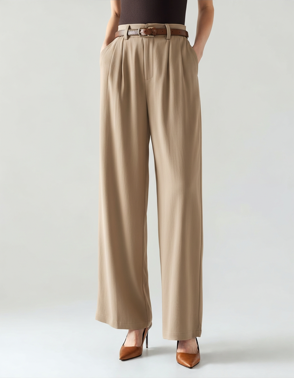 Straight Leg Lightweight Trousers with Belt Loops - Khaki