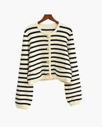 Striped Cashmere Wool Cardigan with Button Front, Cropped