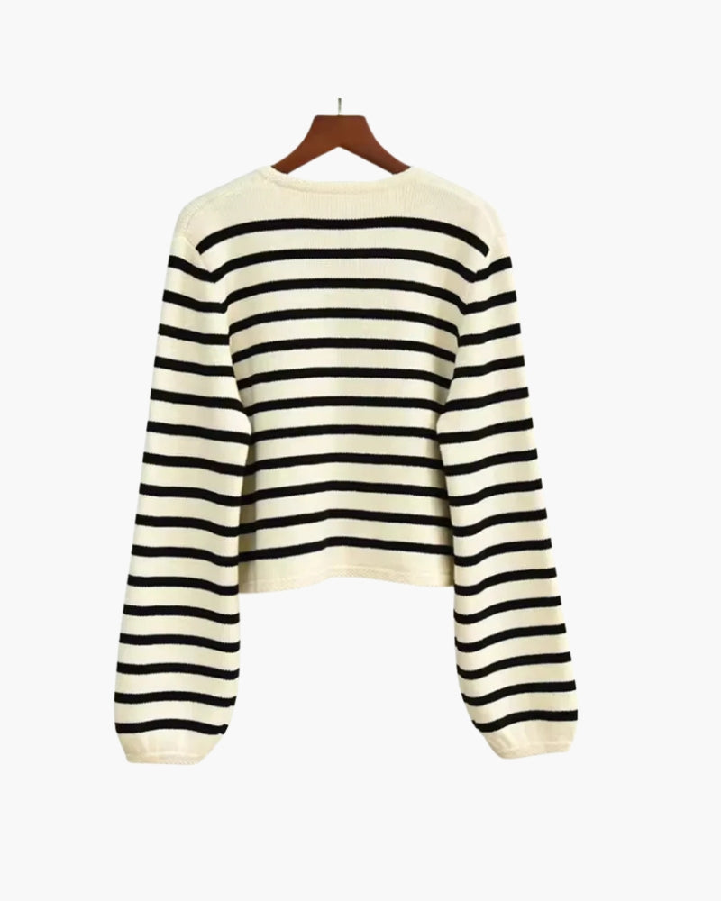 Striped Cashmere Wool Cardigan with Button Front, Cropped