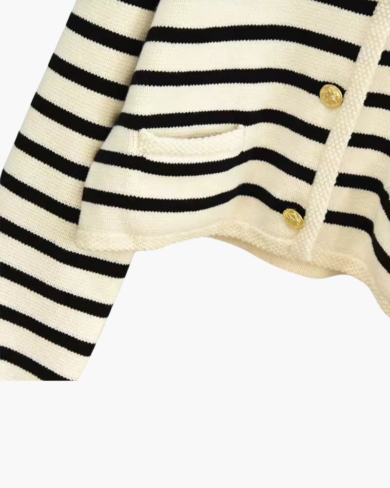 Striped Cashmere Wool Cardigan with Button Front, Cropped
