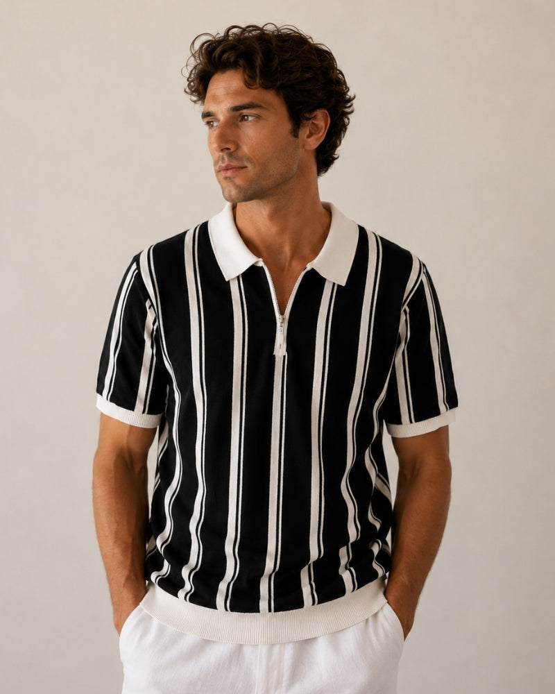 Striped Half Zip Knit Polo with Contrast Collar, Short Sleeve
