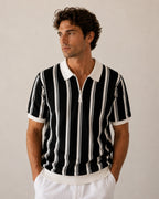 Striped Half Zip Knit Polo with Contrast Collar, Short Sleeve