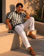 Striped Half Zip Knit Polo with Contrast Collar, Short Sleeve
