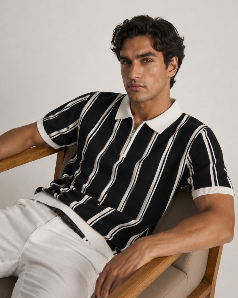 Striped Half Zip Knit Polo with Contrast Collar, Short Sleeve