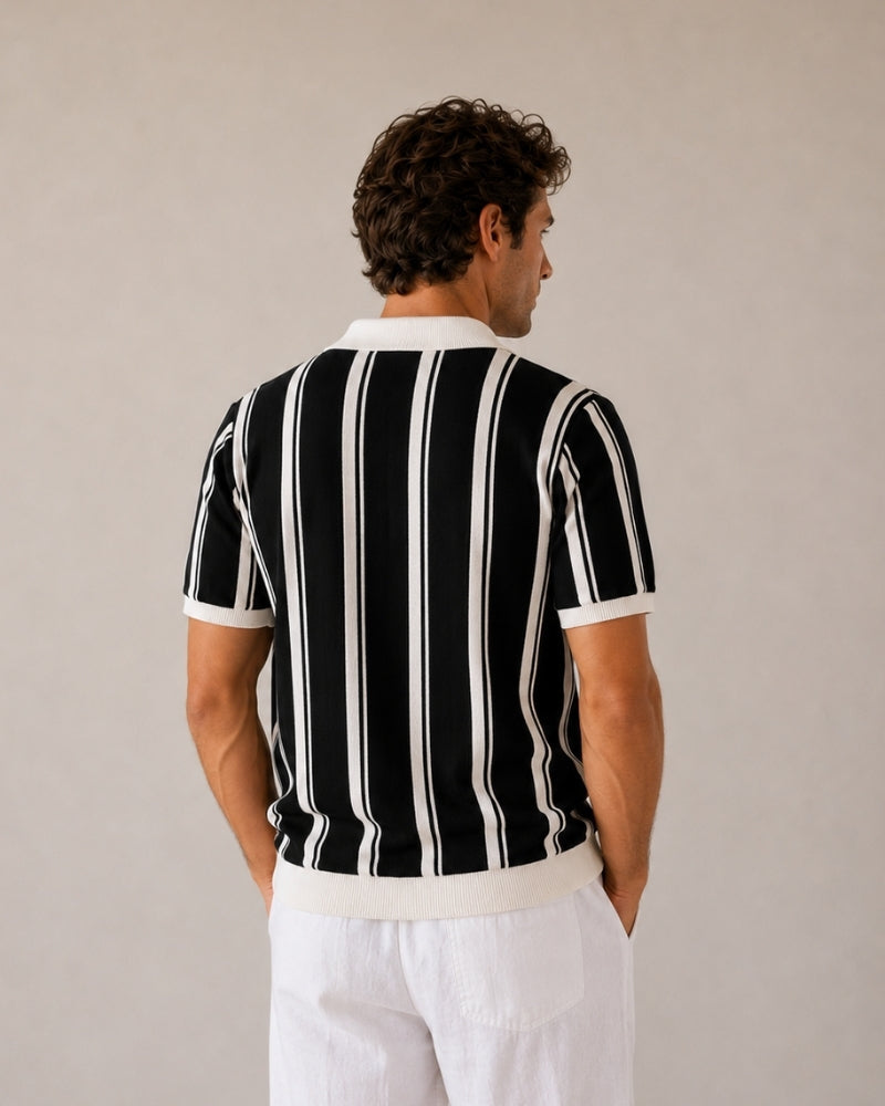 Striped Half Zip Knit Polo with Contrast Collar, Short Sleeve